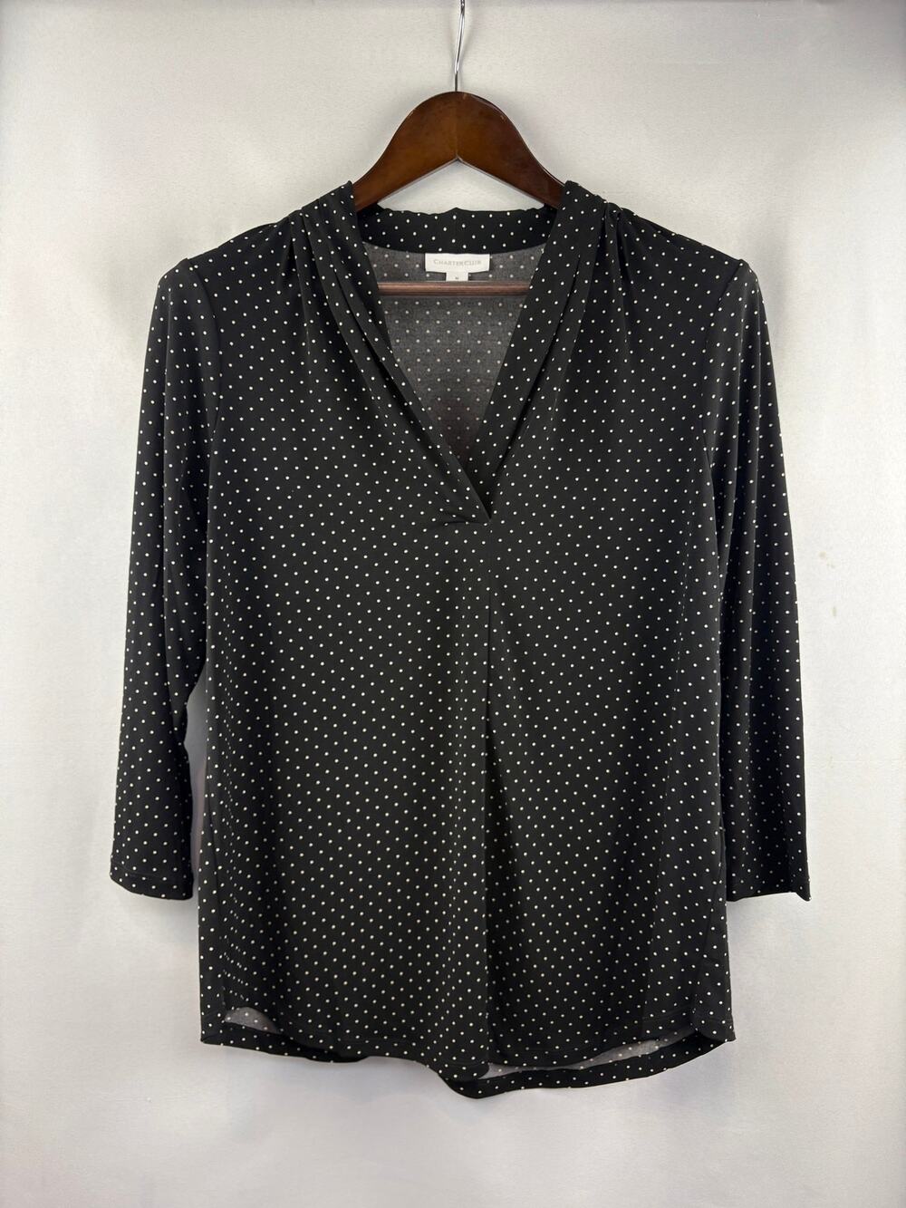 Women’s Charter Club Medium Black Blouse w/ White Polka Dots
